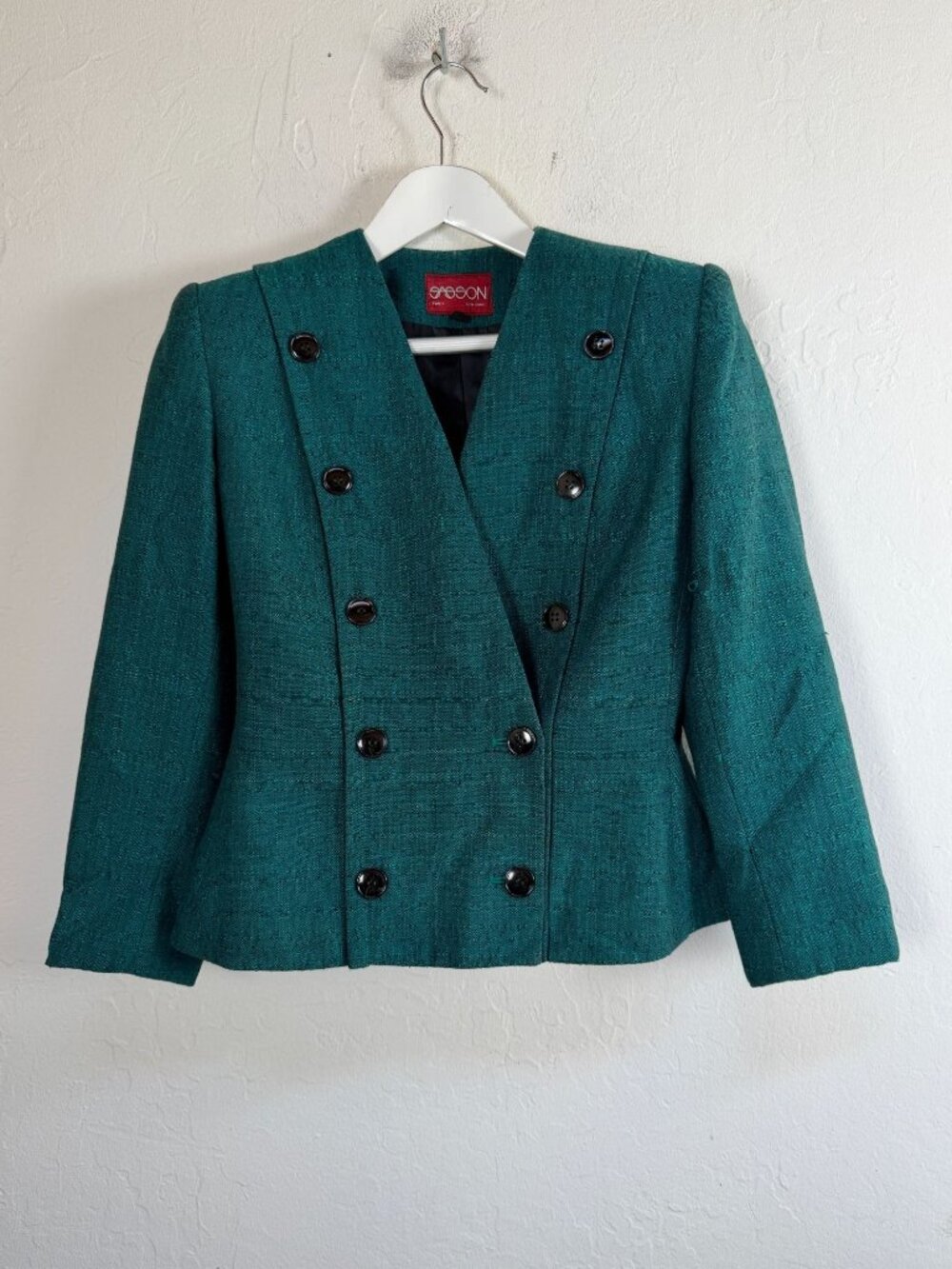Vintage Sasson Paris Womens Teal Tweed Double Breasted Jacket Blazer Size 4/5